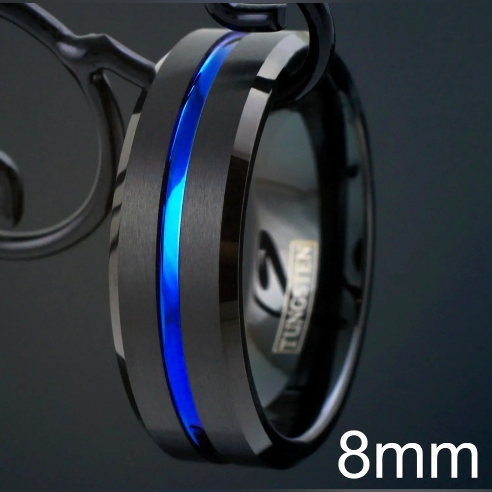Black Tungsten Carbide Thin Blue Line -  Band Ring size  13.5